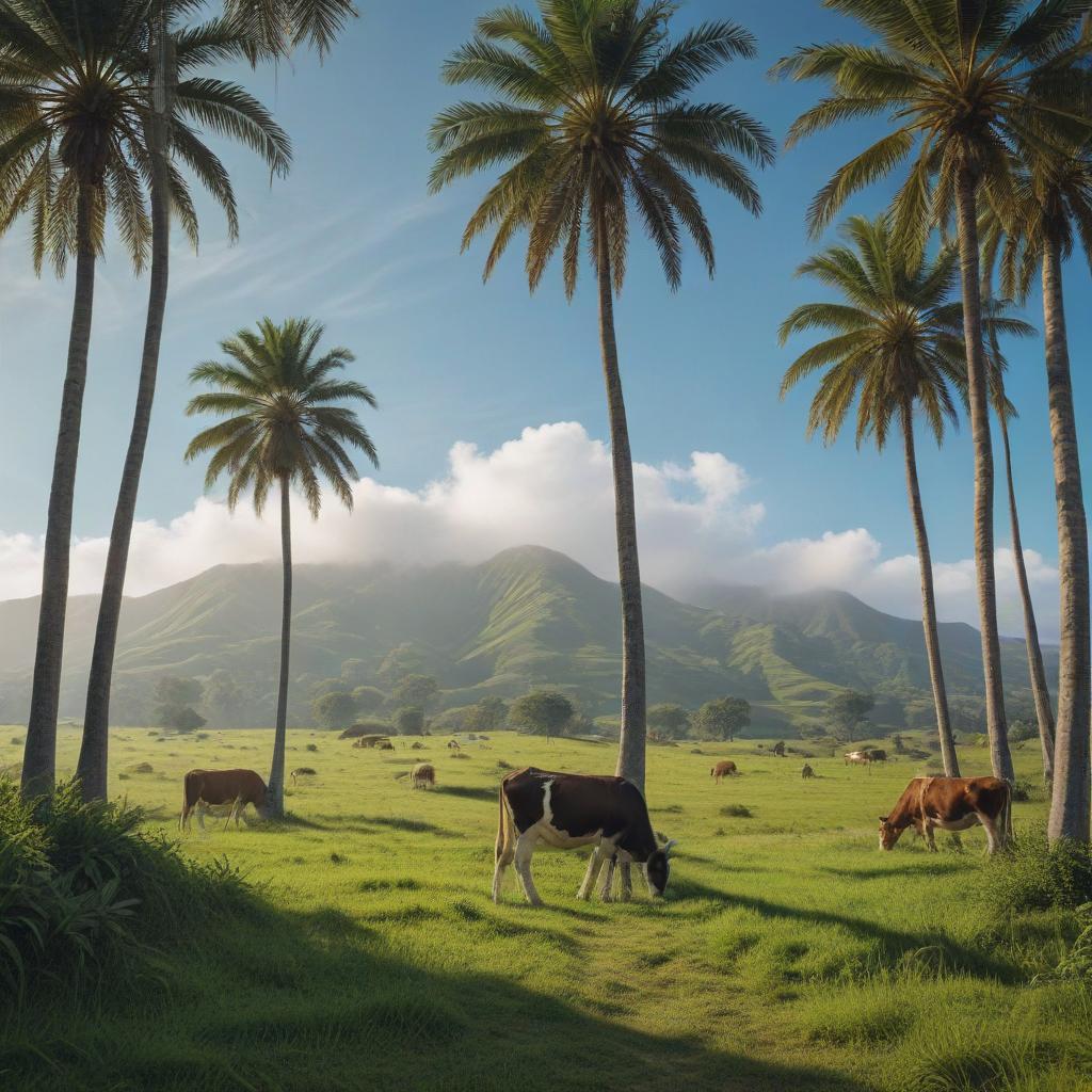 A serene landscape where lush green hills mimic Alpine slopes, dotted with cows grazing under the shade of palm trees, while a clear blue sky meets the horizon, reflecting a unique tropical Swiss ambiance in Campos, Brazil.ultra-detailed, 4k hyperrealistic, full body, detailed clothing, highly detailed, cinematic lighting, stunningly beautiful, intricate, sharp focus, f/1. 8, 85mm, (centered image composition), (professionally color graded), ((bright soft diffused light)), volumetric fog, trending on instagram, trending on tumblr, HDR 4K, 8K