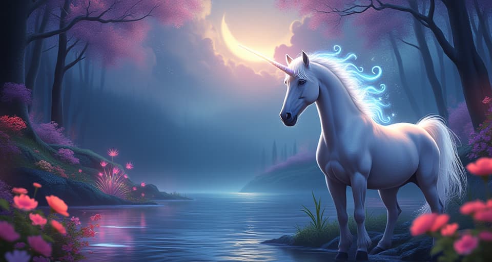  a mystical unicorn in a luminous forest, surrounded by glowing flowers and a serene lake. the unicorn's mane sparkles with ethereal light, creating an atmosphere of majestic anticipation.. the style is digital art illustration,highly detailed, whimsical,magical, dreamlike atmosphere, realism and fantasy blend, smooth, glossy textures,luminous quality, wonder and enchantment.