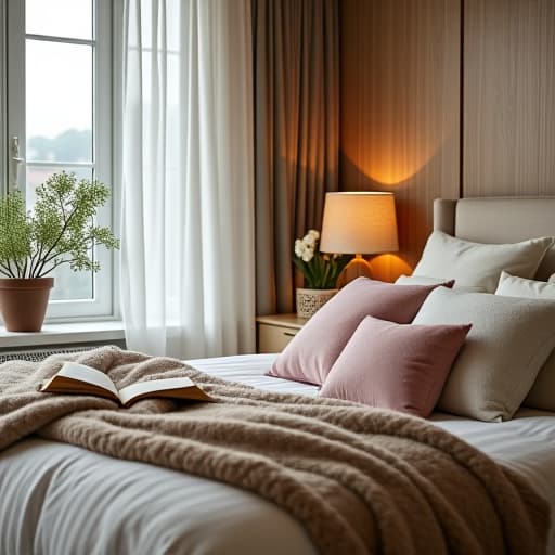  a cozy bedroom corner with a soft, inviting reading nook complete with plush cushions and warm throws.