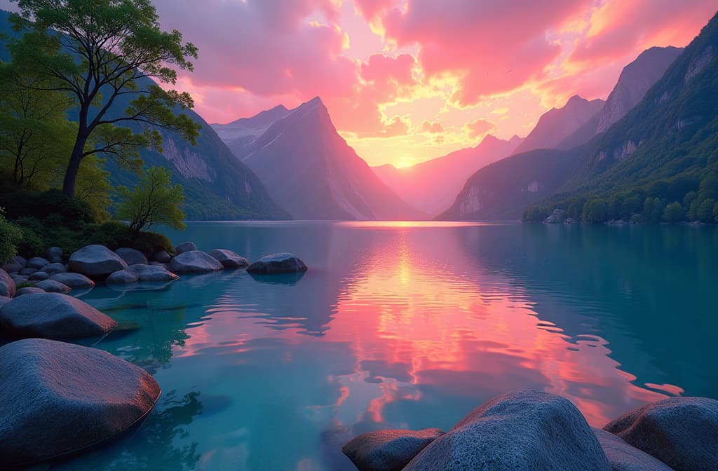  "create an ethereal landscape where vibrant colors blend seamlessly in a surreal sunset, showcasing a tranquil lake reflecting the brilliant hues of the sky. in the foreground, a crystal clear waterfall cascades over smooth rocks, surrounded by lush greenery. the scene is detailed and sharp, evoking a sense of clarity and vividness, inviting viewers to immerse themselves in this serene and unblemished natural beauty." hyperrealistic, full body, detailed clothing, highly detailed, cinematic lighting, stunningly beautiful, intricate, sharp focus, f/1. 8, 85mm, (centered image composition), (professionally color graded), ((bright soft diffused light)), volumetric fog, trending on instagram, trending on tumblr, HDR 4K, 8K