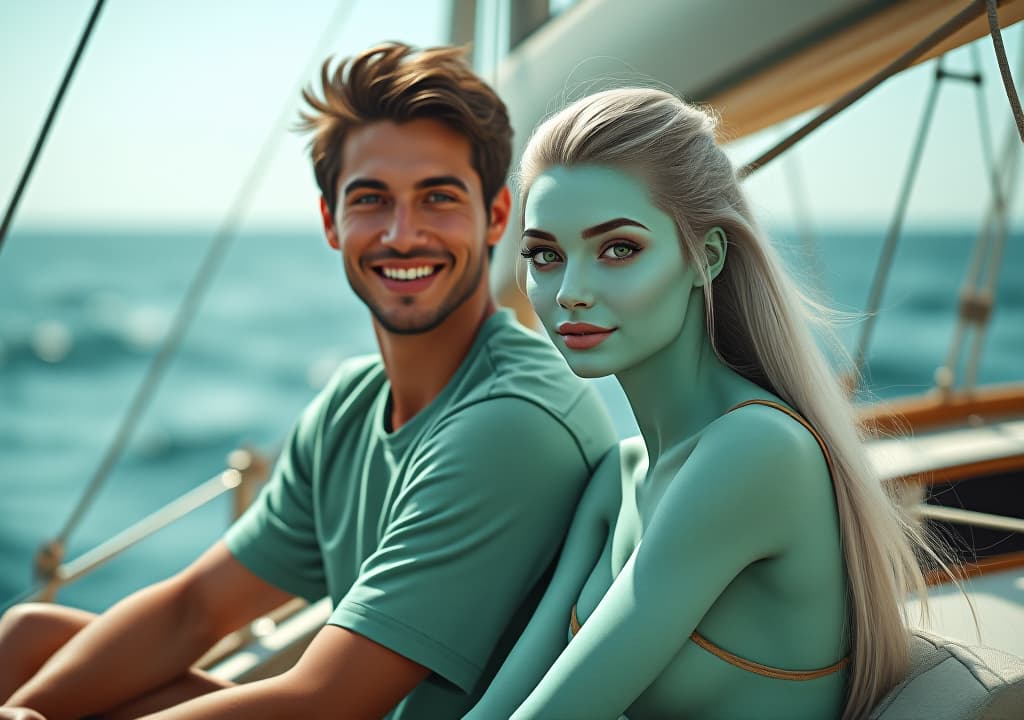  a portrait of a couple seated next to each other on a sailboat: person 1, a man 5' 10'' tall, with brown hair, attractive features, and hair neatly styled, his expression is happy and smiling, he is wearing casual light green summer clothing, his face turned toward the viewer. person 2, a stunning woman with light blue green skin who appears entirely human except for her skin color. she has supermodel like facial features and a fit, athletic body, she is from an alien world and has light blue green skin over her entire body, face, neck, torso, arms, hands, legs, and feet. giving her an otherworldly appearance. her long, platinum silver hair is tied back neatly. she has striking, large emerald green eyes that are perfectly symmetrical. sh