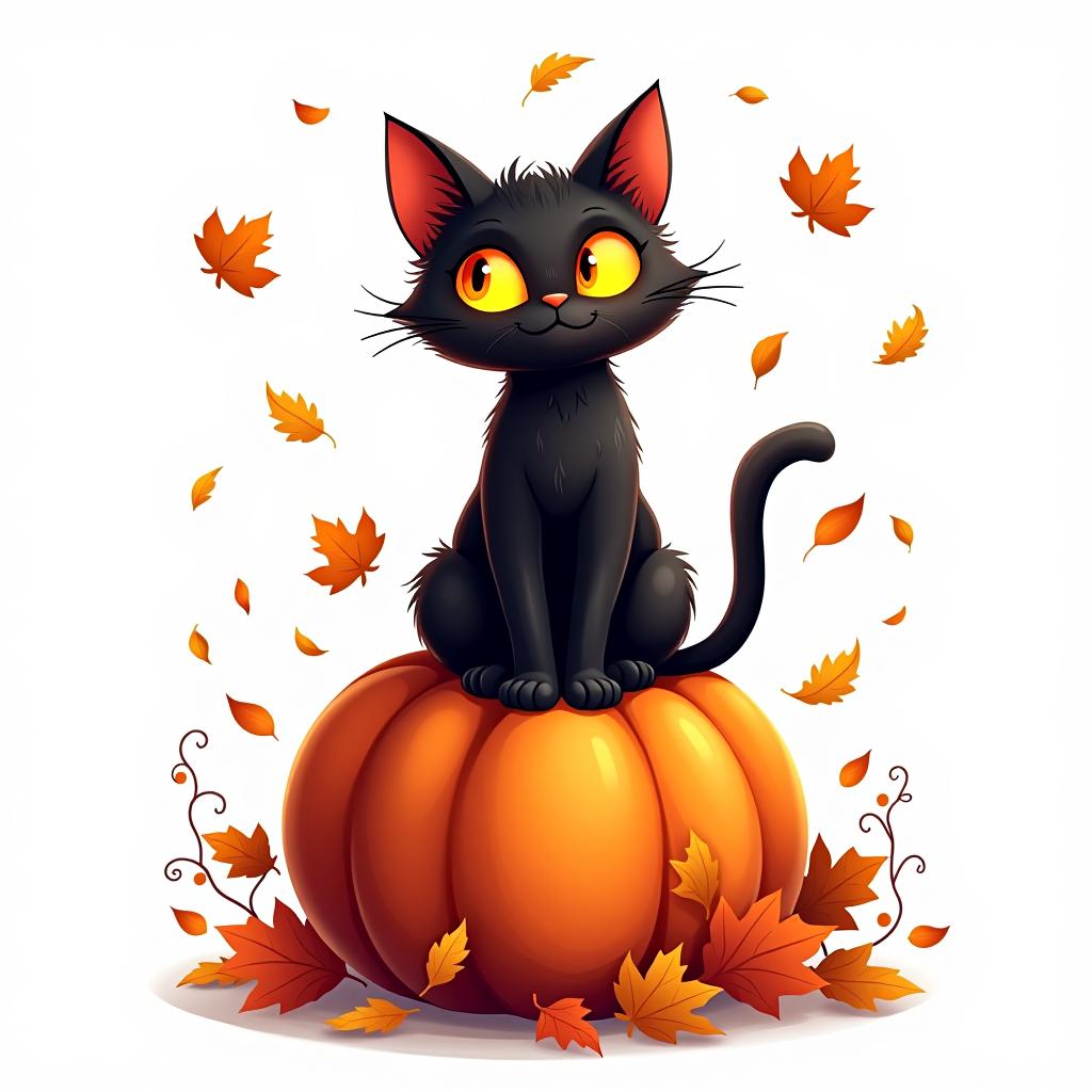  a cute black cat with glowing eyes sitting on a pumpkin, surrounded by swirling autumn leaves in a whimsical style, with warm, moody lighting. t shirt design, vector, contour, white background, no mockup hyperrealistic, full body, detailed clothing, highly detailed, cinematic lighting, stunningly beautiful, intricate, sharp focus, f/1. 8, 85mm, (centered image composition), (professionally color graded), ((bright soft diffused light)), volumetric fog, trending on instagram, trending on tumblr, HDR 4K, 8K