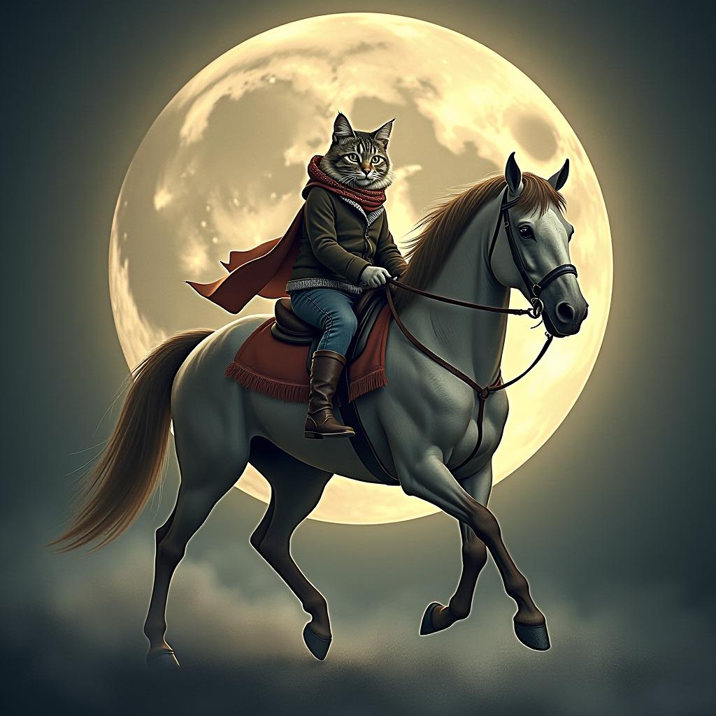  a cat riding a horse, hand drawn, on the moon, studio light, hdr 4k hyperrealistic, full body, detailed clothing, highly detailed, cinematic lighting, stunningly beautiful, intricate, sharp focus, f/1. 8, 85mm, (centered image composition), (professionally color graded), ((bright soft diffused light)), volumetric fog, trending on instagram, trending on tumblr, HDR 4K, 8K