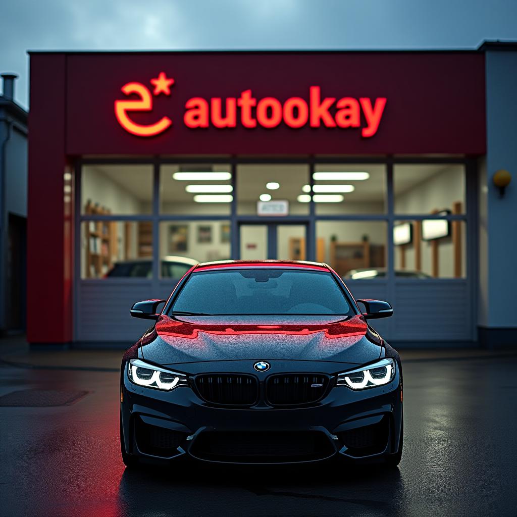  a car in front of an auto service with a sign in russian saying "autookay."