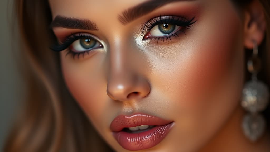  glamorous closeup portrait of woman with flawless skin and artistic makeup, showcasing elegance and sensuality