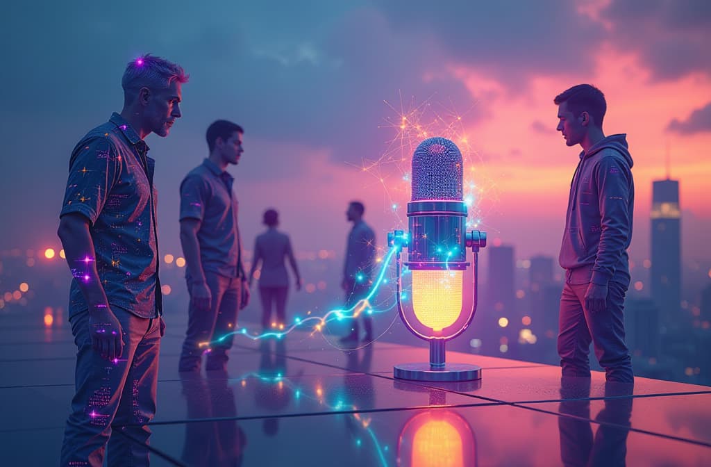  "an ethereal scene of a futuristic cityscape at dusk, where vibrant holographic figures are engaged in conversation, their animated expressions and gestures enhancing a surreal atmosphere. in the foreground, a sleek, stylized device resembling a microphone glows softly, symbolizing the fusion of technology and creativity. the colorful, abstract sound waves emanating from the device blend seamlessly into the environment, intertwining with the silhouettes of diverse characters, representing the harmony of artificial intelligence and human expression." hyperrealistic, full body, detailed clothing, highly detailed, cinematic lighting, stunningly beautiful, intricate, sharp focus, f/1. 8, 85mm, (centered image composition), (professionally color graded), ((bright soft diffused light)), volumetric fog, trending on instagram, trending on tumblr, HDR 4K, 8K