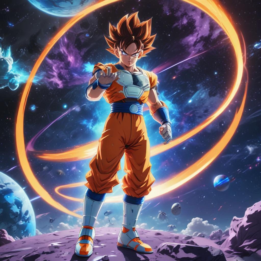 distance-shot, flashy, full-body, dynamic, holographic, animated cartoon poster of space in the style of dragon ball super