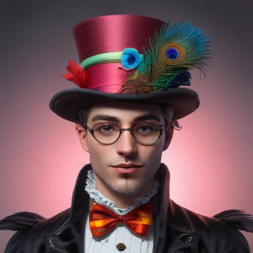 Rainbow gay man in wig makeup lips five o’clock shadow adams apple pig top hat and headdress muumuu with spur whore Elizabethan collar spectacles peacock dress, steampunk, concept art, digital painting, artstation, dynamic lighting, ultra detailed, high quality