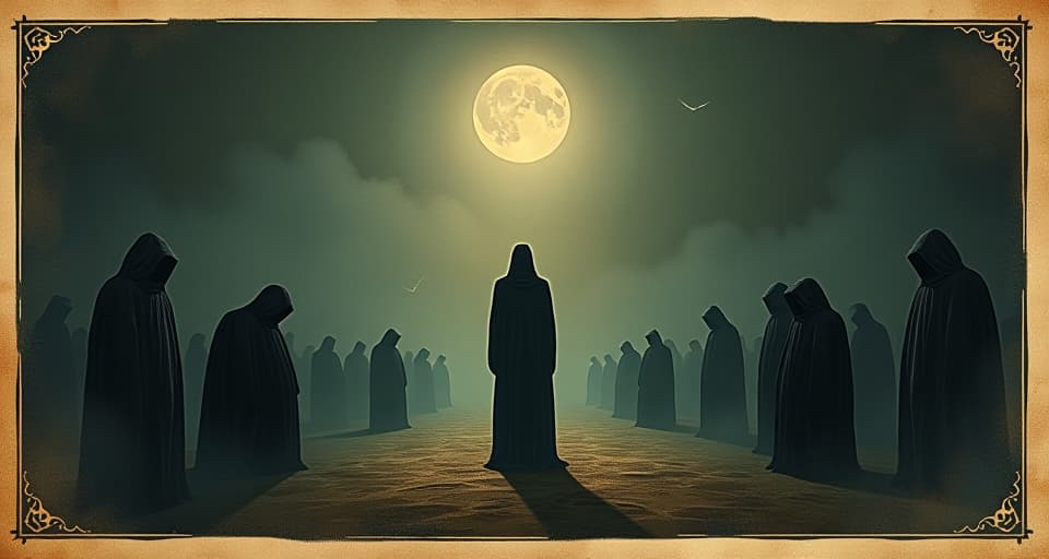  solitary figure, slightly elevated from surrounding figures, soft spotlight, shadowy backdrop, sense of uniqueness, individuality, dark tones. an illustration in the style of a worn, mystical old tarot trump card, mysterious and elements of surrealism. the colors are muted, somber and eerie, but with contrast bring out an occult and esoteric vibe.