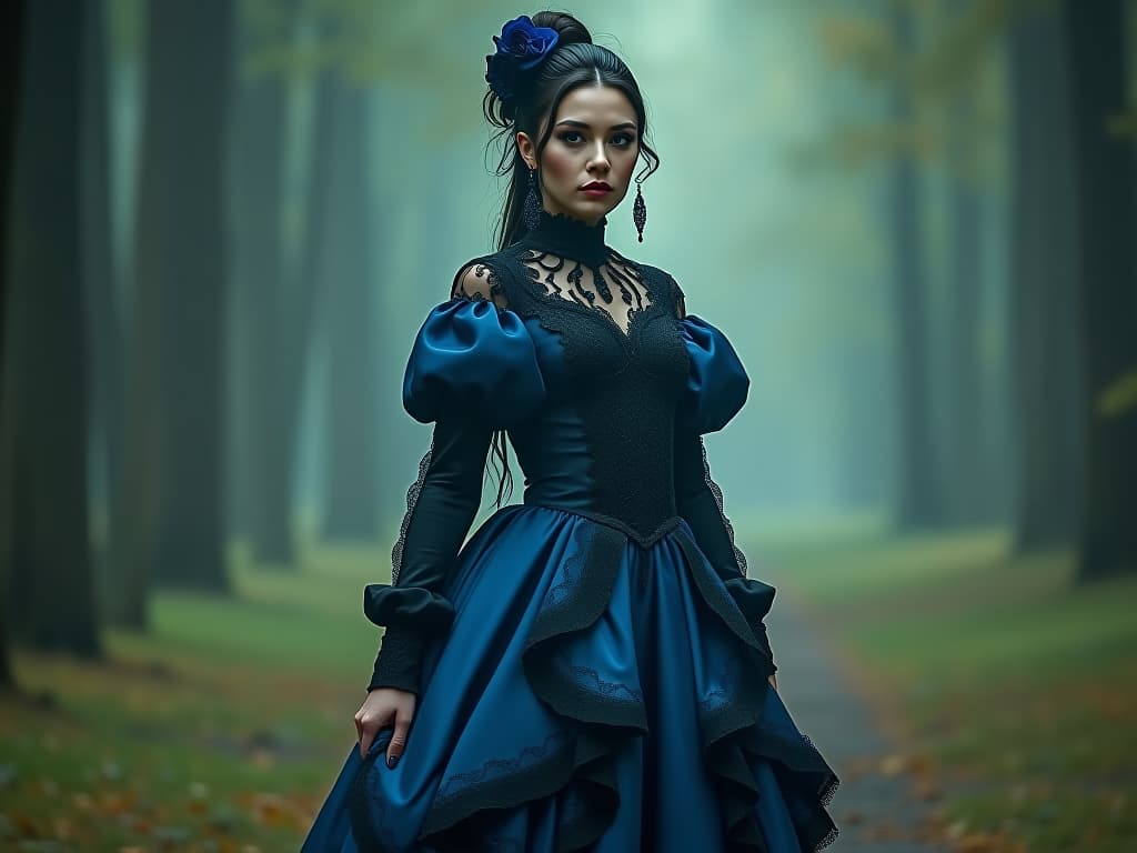  gothic style of slavic appearance with large s in blue super short dress with deep age in summer park, visible . dark, mysterious, haunting, dramatic, ornate, detailed hyperrealistic, full body, detailed clothing, highly detailed, cinematic lighting, stunningly beautiful, intricate, sharp focus, f/1. 8, 85mm, (centered image composition), (professionally color graded), ((bright soft diffused light)), volumetric fog, trending on instagram, trending on tumblr, HDR 4K, 8K