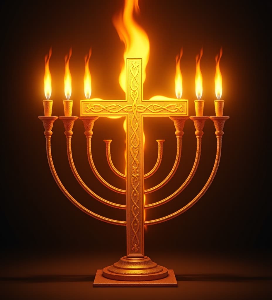  a large tall golden flaming cross as the center flame in a beautiful shuny golden seven branch menorah