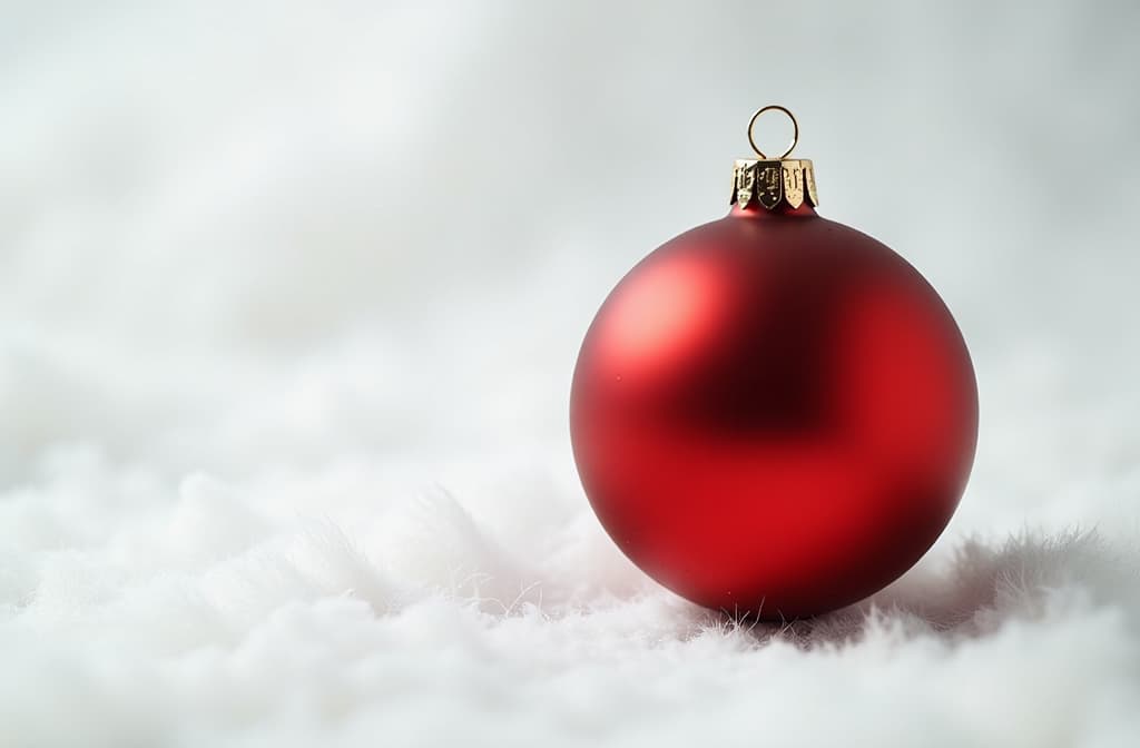  professional detailed photography, christmas red ball on white background ar 3:2, (muted colors, dim colors, soothing tones), (vsco:0.3)