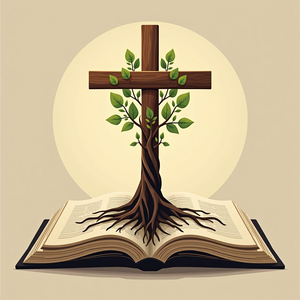  living word. the living word: a cross with roots intertwined in an open bible, symbolizing the dynamic and ever growing nature of faith nourished by the sacred scriptures