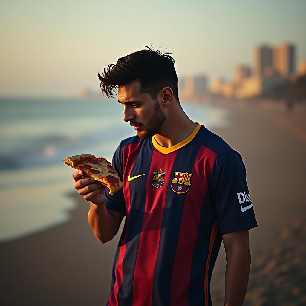  messi comiendo pizza en la playa con una camiseta que diga un texto viva el madrid hyperrealistic, full body, detailed clothing, highly detailed, cinematic lighting, stunningly beautiful, intricate, sharp focus, f/1. 8, 85mm, (centered image composition), (professionally color graded), ((bright soft diffused light)), volumetric fog, trending on instagram, trending on tumblr, HDR 4K, 8K