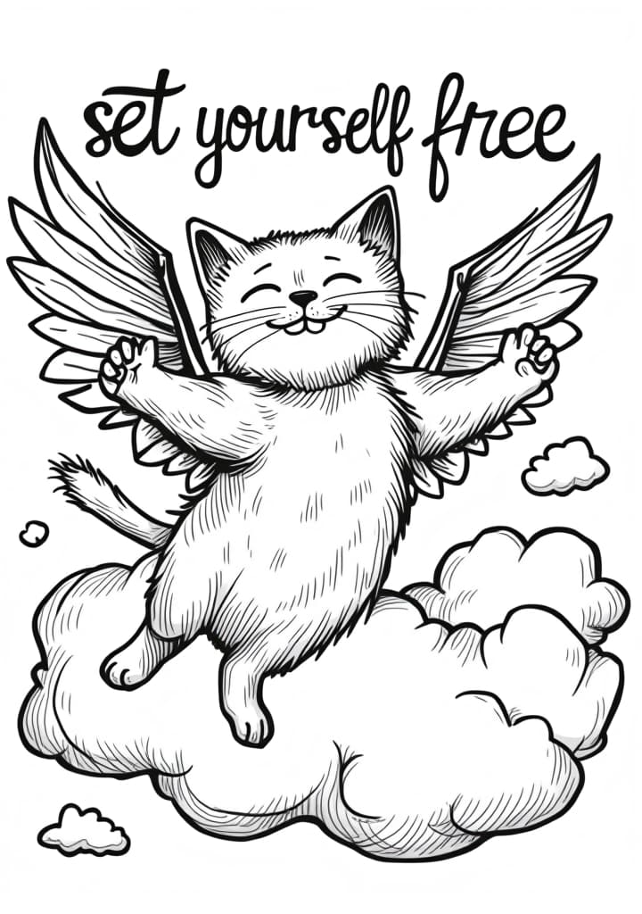  you're a coloring book bot. your job is to make delightful elementary appropriate coloring book pages. a coloring book page is as follows: black and white outlines, low complexity. very simplistic, easy for s to color in. always appropriate, whimsical themes, white background, (no colour)++, (no shading)++, black lines, a cat with wings soaring above clouds with set yourself free. the cat is joyfully flying with wings wide, surrounded by fluffy clouds. the message set yourself free is written in an inspiring, easy to read font above the scene. the image should be a high contrast, black and white line drawing on a blank white background, with no shadows or borders, and should utilise the entire space without leav hyperrealistic, full body, detailed clothing, highly detailed, cinematic lighting, stunningly beautiful, intricate, sharp focus, f/1. 8, 85mm, (centered image composition), (professionally color graded), ((bright soft diffused light)), volumetric fog, trending on instagram, trending on tumblr, HDR 4K, 8K