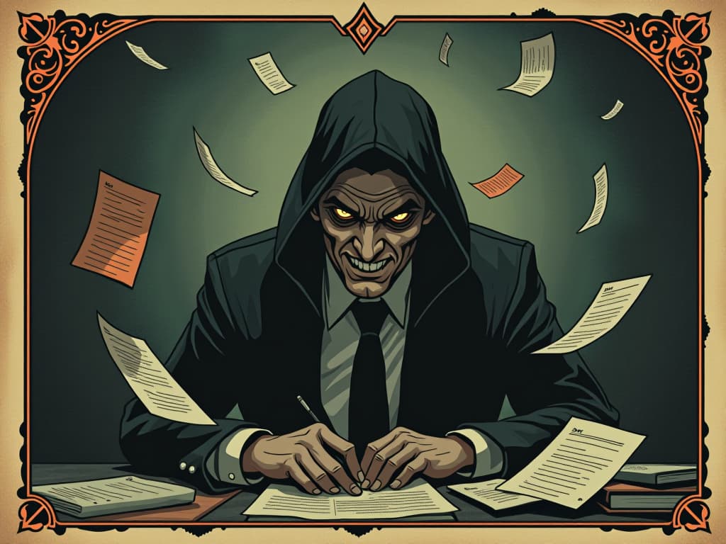  a shadowy office environment, coworker with a hidden smirk, eyes gleaming with malice, papers flying in disarray, tense atmosphere, looming conflict. an illustration in the style of a worn, mystical old tarot trump card, mysterious and elements of surrealism. the colors are muted, somber and eerie, but with contrast bring out an occult and esoteric vibe.