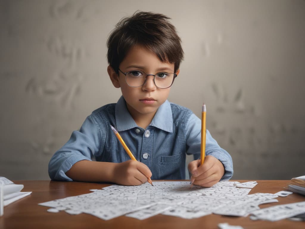 ultra realistic ((ultra realistic ((A child holding a pencil and paper, brainstorming solutions to a puzzle.)))) hyperrealistic, full body, detailed clothing, highly detailed, cinematic lighting, stunningly beautiful, intricate, sharp focus, f/1. 8, 85mm, (centered image composition), (professionally color graded), ((bright soft diffused light)), volumetric fog, trending on instagram, trending on tumblr, HDR 4K, 8K