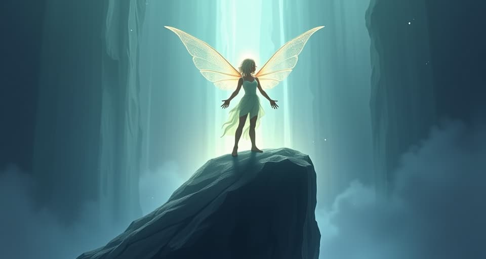  translucent elf standing on an elevated stone, triumphant expression. radiant wall below, symbolizing defiance and victory.. the style is digital art illustration,highly detailed, whimsical,magical, dreamlike atmosphere, realism and fantasy blend, smooth, glossy textures,luminous quality, wonder and enchantment.