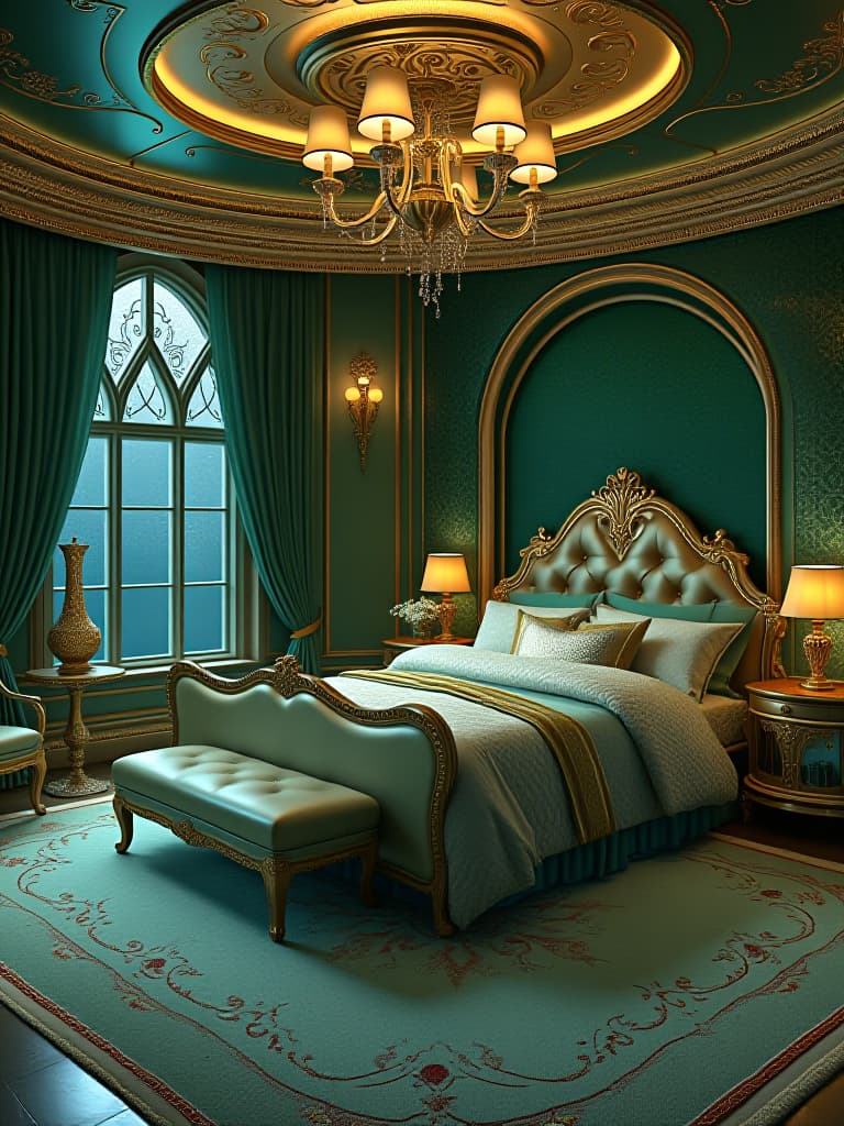  a luxurious mermaid mansion bedroom in the deep sea. the house is round li and big metallic green and gold ver shiny . with mermaid luxurious mermaid bed