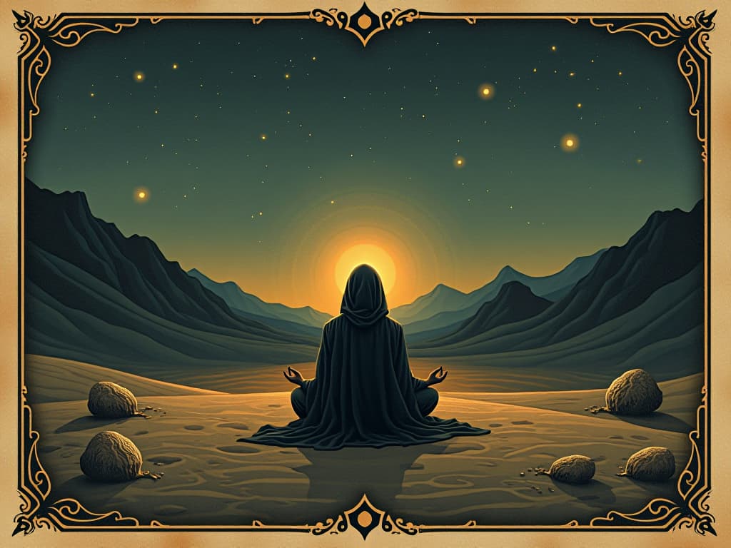  figure seated in desert, twilight, deep meditation, stars illuminating, spiritual revelations, personal transformation. an illustration in the style of a worn, mystical old tarot trump card, mysterious and elements of surrealism. the colors are muted, somber and eerie, but with contrast bring out an occult and esoteric vibe.