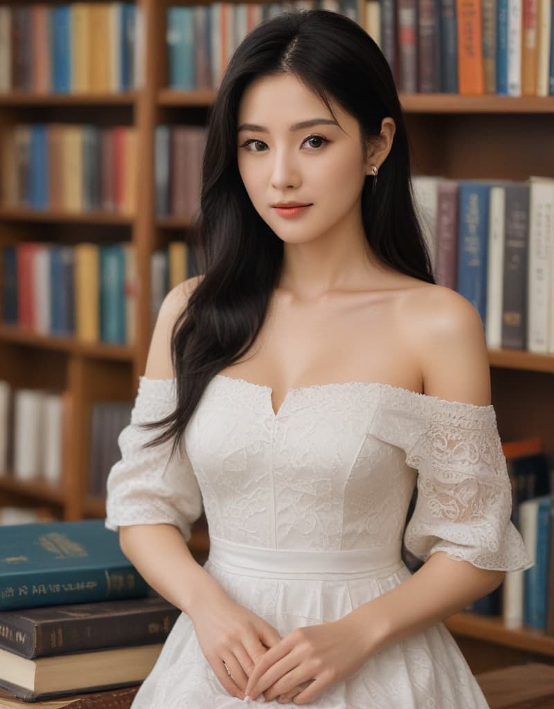 (mrs. kim ji woo), [8k image, master piece, best quality, RAW photo, 30 year olds, an asian woman, brown eyes, long black hair, slim body, large bust, full body, wearing a dress, reading books]