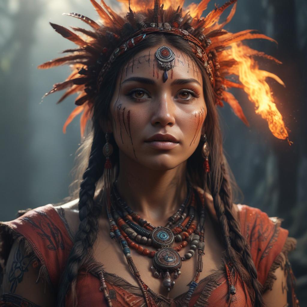 ((masterpiece)),(((best quality))), 8k, high detailed, ultra detailed, tribe woman dead blood, (sacred ritual), spiritual elements, (symbolic fire), (shamanic chants), (transcendent energy) hyperrealistic, full body, detailed clothing, highly detailed, cinematic lighting, stunningly beautiful, intricate, sharp focus, f/1. 8, 85mm, (centered image composition), (professionally color graded), ((bright soft diffused light)), volumetric fog, trending on instagram, trending on tumblr, HDR 4K, 8K