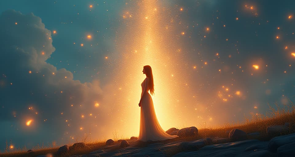  a serene figure stands amidst an enchanting, glowing landscape; the air is filled with light particles, symbolizing precious and protected energy.. the style is digital art illustration,highly detailed, whimsical,magical, dreamlike atmosphere, realism and fantasy blend, smooth, glossy textures,luminous quality, wonder and enchantment.