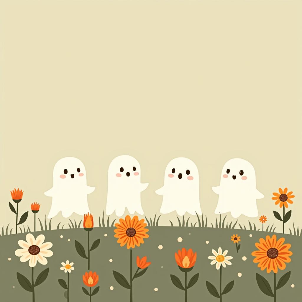  create a digital illustration featuring a row of four or five cute, cartoonish ghost characters, each with a different appearance, standing in different positions within sparse, life like wildflowers.