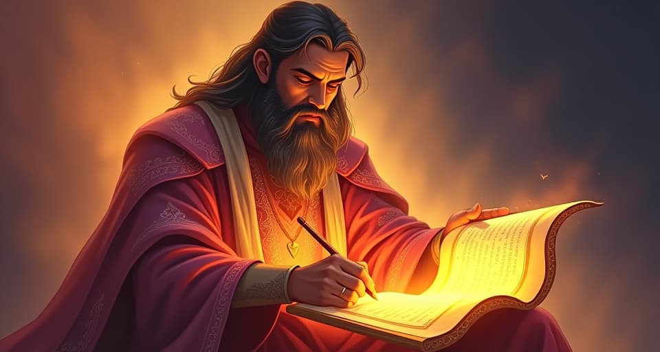  a divine scribe with radiant robes, creating bright, ethereal scripts on a glowing scroll. his expression resolute, knowing the significance of his writings. sacred, unbreakable, divine.. the style is digital art illustration,highly detailed, whimsical,magical, dreamlike atmosphere, realism and fantasy blend, smooth, glossy textures,luminous quality, wonder and enchantment.