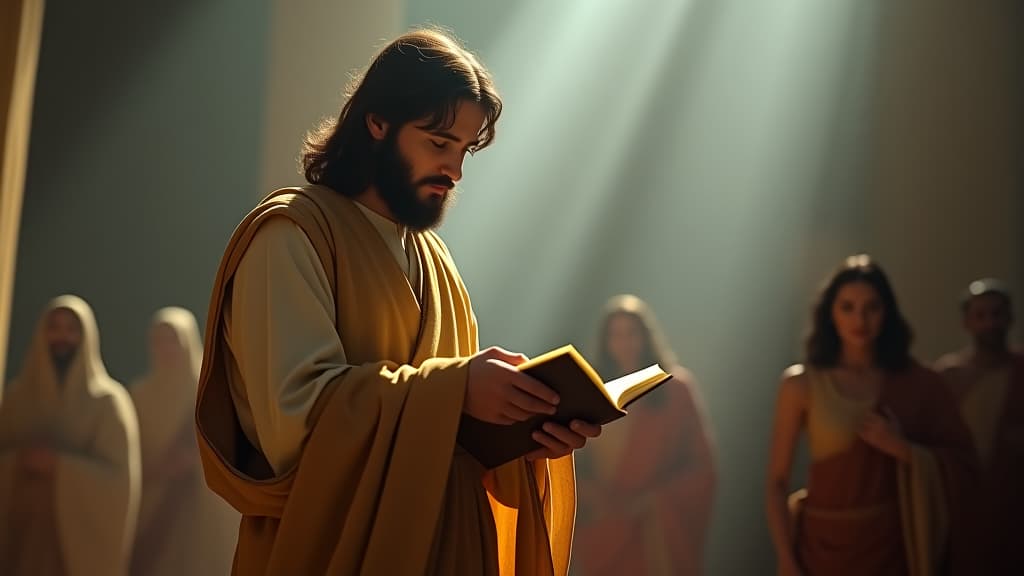  a scene depicting josephus describing jesus, emphasizing the historical significance of his accounts. hyperrealistic, full body, detailed clothing, highly detailed, cinematic lighting, stunningly beautiful, intricate, sharp focus, f/1. 8, 85mm, (centered image composition), (professionally color graded), ((bright soft diffused light)), volumetric fog, trending on instagram, trending on tumblr, HDR 4K, 8K