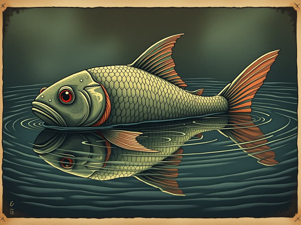  a mystical, reflective fish, its scales mirroring the chaos around it, water has ripples of disturbance from external agitation, peaceful resistance. an illustration in the style of a worn, mystical old tarot trump card, mysterious and elements of surrealism. the colors are muted, somber and eerie, but with contrast bring out an occult and esoteric vibe.