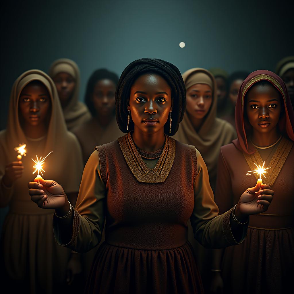  create a high quality, photorealistic image that vividly depicts the following scene: dynamic group portrait with harriet tubman in the center, her face determined, as she leads a group of slaves through the darkness, using the north star as a guide. actions frozen in time, capturing an ancient greek dispensing holy water from a rudimentary vending machine, and a pair of babylonians tying threads to depict 'tying the knot', their faces glowing with solemn joy. image rich in historical detail under soft, dramatic, chiaroscuro lighting, transformers, canon 1dx mark iii, nikon af s nikkor 14 24mm f/2.8g ed, iso 3200, 1/30s, 8k, delicately color balanced, centered, a touch of grain for a vintage feel, raw, unedited yet vividly encapsulatin hyperrealistic, full body, detailed clothing, highly detailed, cinematic lighting, stunningly beautiful, intricate, sharp focus, f/1. 8, 85mm, (centered image composition), (professionally color graded), ((bright soft diffused light)), volumetric fog, trending on instagram, trending on tumblr, HDR 4K, 8K