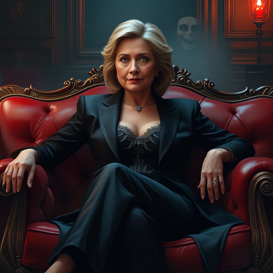  a modern digital painting featuring hillary clinton seated on an ornate couch within a dimly lit vampire themed lounge. the scene is rich with gothic elements, showcasing her mysterious aura enhanced by her dark, stylish attire, which suggests supernatural powers. her languid pose exudes elegance and confidence, with hypnotic eyes that draw viewers in, making her an enigmatic and captivating presence. the background is adorned with subtle vampire motifs, creating an atmospheric setting that complements her character. the artwork is inspired by the distinctive style of simon cowell, emphasizing bold contrasts and vivid colors.