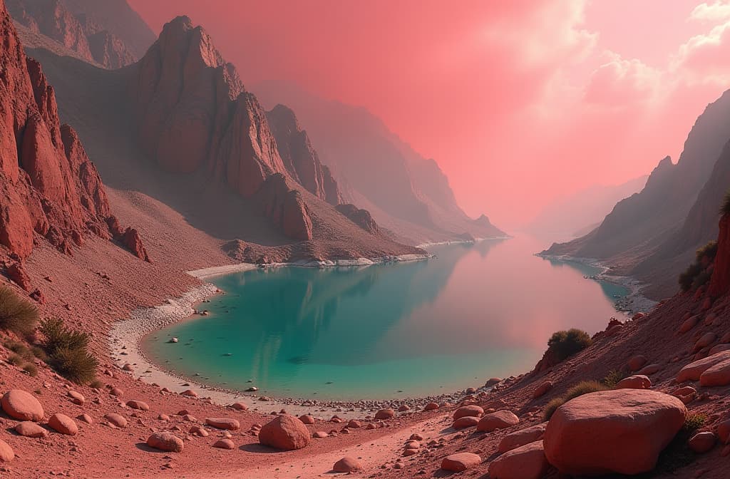  wide panoramic shot of an alien planet with similarities to a dystopian earth. thick red foggy atmosphere air. a steep slope absolutely covered with translucent stones of differing sizes and colors ; greek like ruins at the top. on the other side is a shallow nearly dried up lake, with more ruins and ivy growing on it. the nearly dried lake is clear aqua and eerily beautiful hyperrealistic, full body, detailed clothing, highly detailed, cinematic lighting, stunningly beautiful, intricate, sharp focus, f/1. 8, 85mm, (centered image composition), (professionally color graded), ((bright soft diffused light)), volumetric fog, trending on instagram, trending on tumblr, HDR 4K, 8K