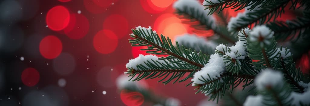  professional detailed photography, christmas fluffy tree, fir branches soft and fluffy, covered with snow, atmospheric fir needles long and short, natural, on a festive blurred red bokeh background. ar 3:1, (muted colors, dim colors, soothing tones), (vsco:0.3)