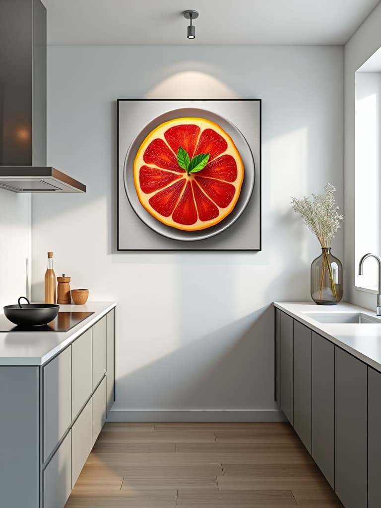  high quality portrait photo of a sleek, minimalist kitchen with a single large, colorful food photography print mounted on a stark white wall, creating a pop of vibrant contrast hyperrealistic, full body, detailed clothing, highly detailed, cinematic lighting, stunningly beautiful, intricate, sharp focus, f/1. 8, 85mm, (centered image composition), (professionally color graded), ((bright soft diffused light)), volumetric fog, trending on instagram, trending on tumblr, HDR 4K, 8K