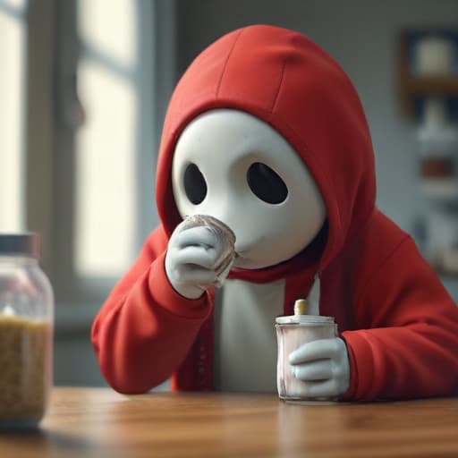 (A slim built shy guy seen taking a health supplement before the start of a rough day ), impressionist, highly detailed, 4k, high quality