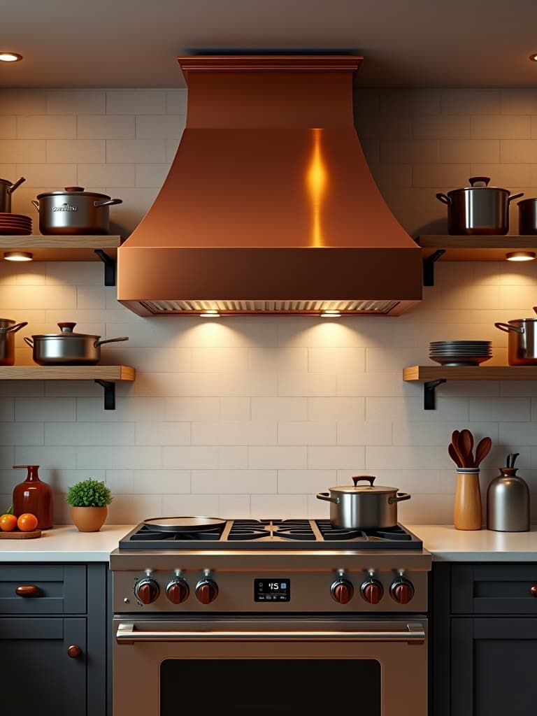  high quality portrait photo of a small kitchen with a luxurious copper range hood as the focal point, complemented by open shelving displaying high end cookware hyperrealistic, full body, detailed clothing, highly detailed, cinematic lighting, stunningly beautiful, intricate, sharp focus, f/1. 8, 85mm, (centered image composition), (professionally color graded), ((bright soft diffused light)), volumetric fog, trending on instagram, trending on tumblr, HDR 4K, 8K