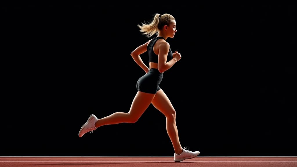  side view of young muscular woman running on black background. concept, sport, track and field athletics, competition and active lifestyle. for text ads copy space