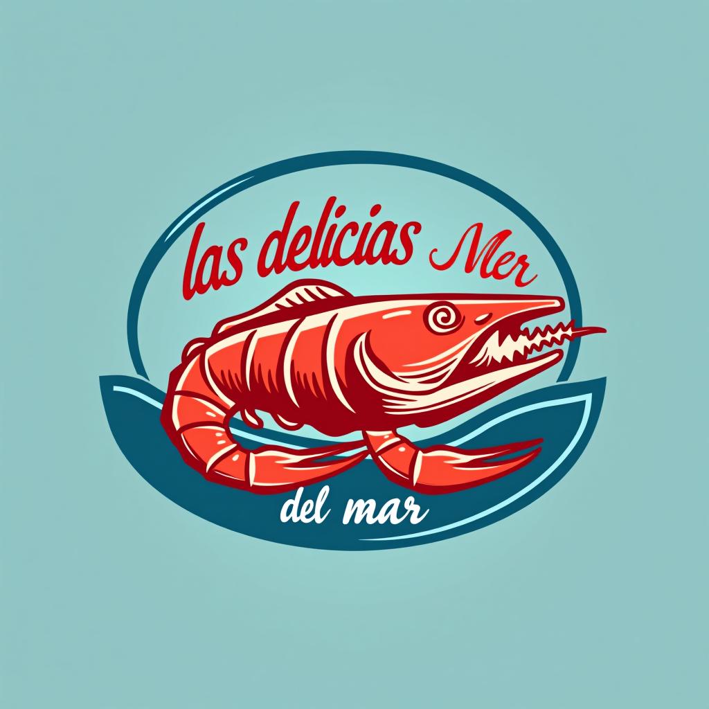  design a logo, has un logo redondo con fondo azul, donde lo represente el mar y mariscos que lleve el nombre de "las delicias del mar" agrégale since 2024 y como eslogan lleve "sabores frescos que conquistan tu paladar", with the text 'las delicias del mar'.