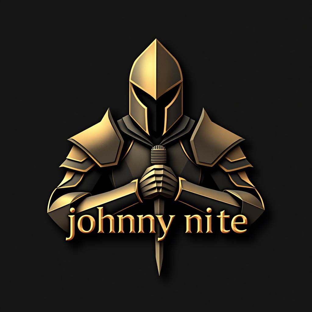  design a logo, in a origami style. knight with a mic, gold and black, with the text 'johnny nite'.