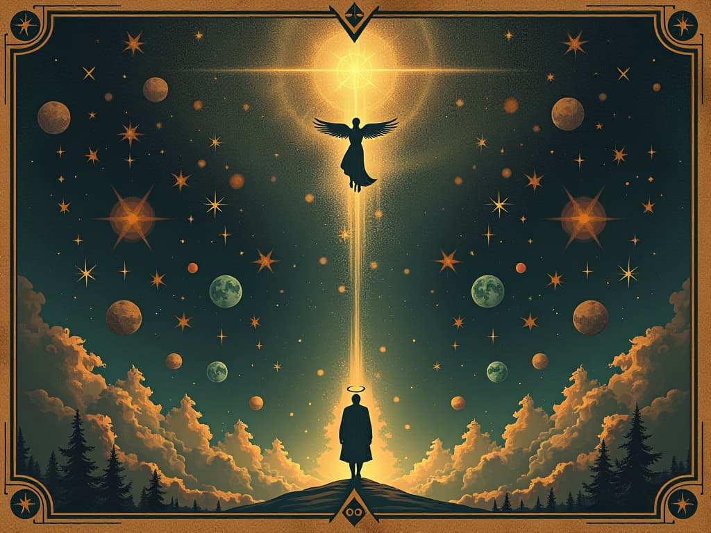  a vast, star filled cosmos with celestial beings descending, grand cosmic story, ethereal light, interconnectedness of all things. an illustration in the style of a worn, mystical old tarot trump card, mysterious and elements of surrealism. the colors are muted, somber and eerie, but with contrast bring out an occult and esoteric vibe.