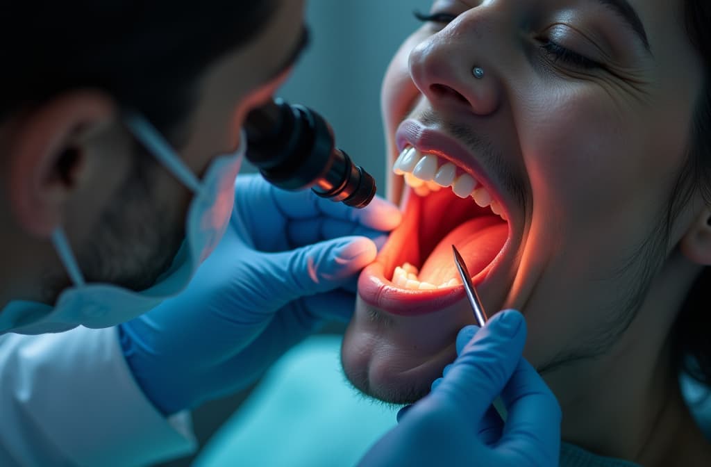  professional detailed photography, dentist with eye microscope looking into patient's open mouth, ((view from inside patient's mouth)) first person view the patient , очень яркое освещение ar 3:2 ar 3:2, (muted colors, dim colors, soothing tones), (vsco:0.3)