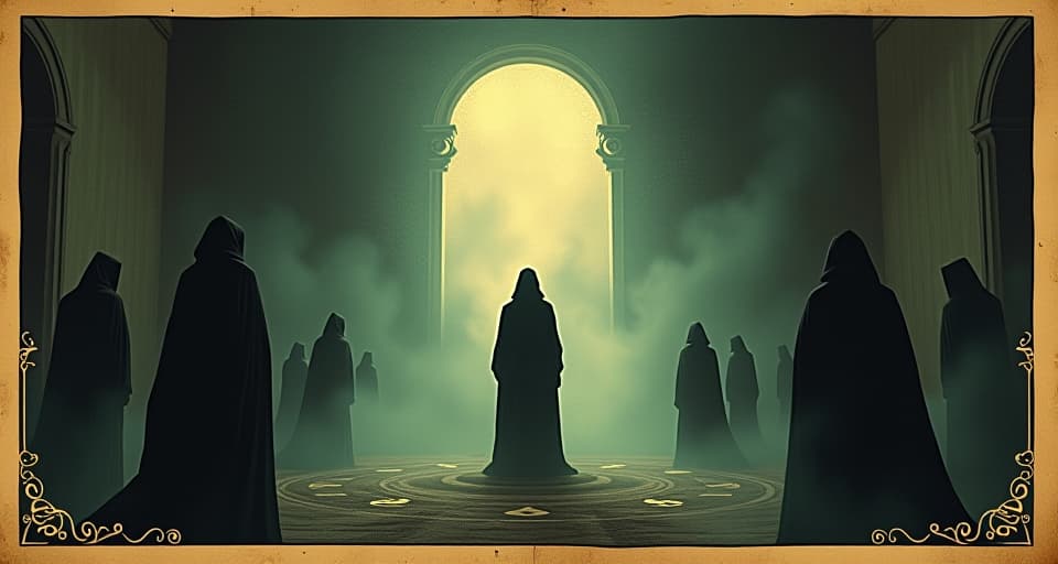  a figure at the center, ethereal light subtly surrounding them, swirling shadows at the edges, room filled with indistinct figures, atmosphere heavy with mystery. an illustration in the style of a worn, mystical old tarot trump card, mysterious and elements of surrealism. the colors are muted, somber and eerie, but with contrast bring out an occult and esoteric vibe.