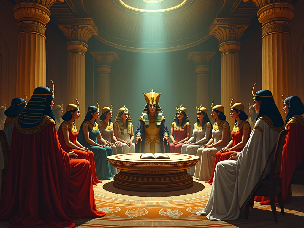  pharaoh's council chamber, filled with advisors and large busted priestesses in tight, elegant robes, lively discussion, dynamic atmosphere of strategic visualization. the style is digital art illustration / modern comic book / mysterious occult, symbolic, esoteric vibe,high detail on character design, incorporating ancient egyptian symbology and attire.