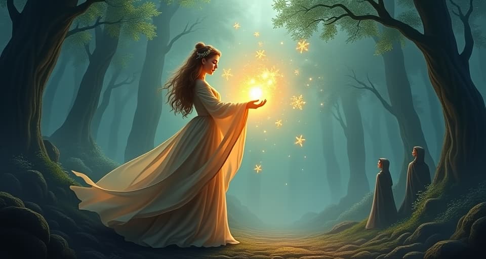  a radiant, ethereal mage effortlessly casting a spell in a brilliant, enchanted forest. nearby, shadowy figures watch with longing eyes, trying to capture the luminescent energy that flows effortlessly from the mage’s hands.. the style is digital art illustration,highly detailed, whimsical,magical, dreamlike atmosphere, realism and fantasy blend, smooth, glossy textures,luminous quality, wonder and enchantment.