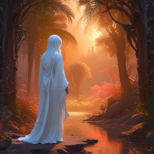 In a serene garden at dusk, a mystical figure clad in flowing white robes raises their hand, creating a shimmering illusionary mirage that engulfs the surrounding area. The ethereal light radiating from their palm clashes with dark tendrils of magic attempting to invade, causing them to dissipate into nothingness. In the background, a phoenix rises from the ashes, reborn and ready for battle. The scene is filled with a sense of magic and power, capturing the essence of the Illusionary Mirage. fantastical creatures or characters inspired by mythology, folklore, or popular culture. use vibrant colors, sharp lines, intricate details, dynamic poses, dramatic lighting, atmospheric backgrounds, and blend anime, manga, and Western comic influences