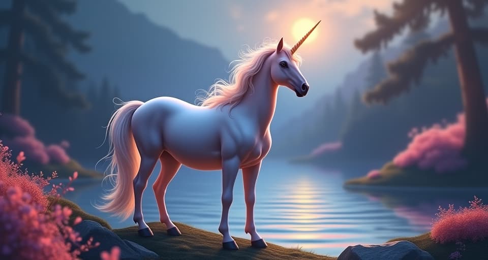  a majestic unicorn with a spiraled, luminous horn, standing guard over a peaceful, shimmering lake surrounded by glowing flora. radiant light emanates from the unicorn, symbolizing safeguard and protection.. the style is digital art illustration,highly detailed, whimsical,magical, dreamlike atmosphere, realism and fantasy blend, smooth, glossy textures,luminous quality, wonder and enchantment.