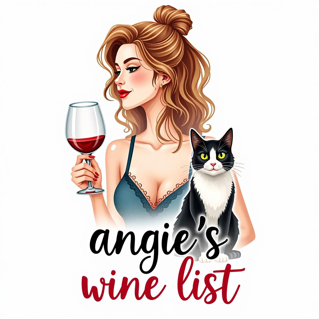  design a logo, in a watercolor style. a woman with a glass of wine and a black and white cat, with the text 'angie’s wine list'.