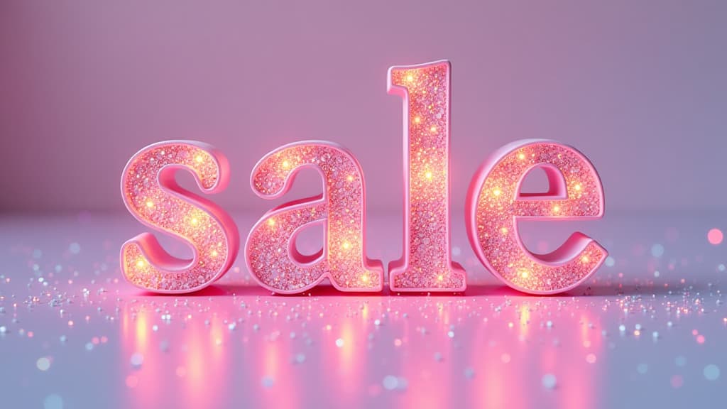  big bold glowing letters “sale” , light pastel background with shimmering multi colored glitters ar 16:9 {prompt}, maximum details